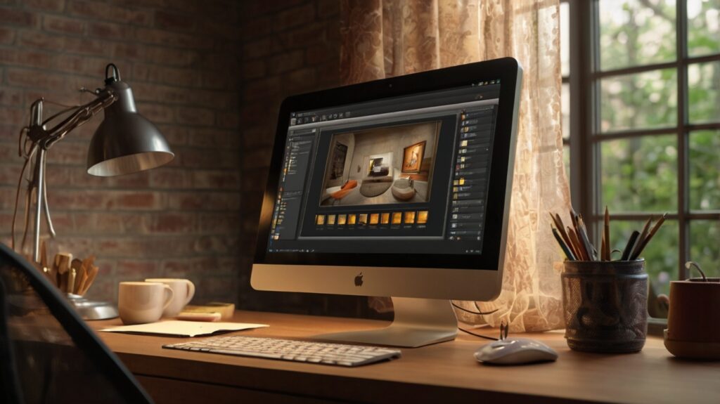 A computer monitor on a wooden desk shows a 3D modeling software with an interior design project. The desk has a lamp, mugs, and pencils, with natural light coming through a window and a brick wall in the background.