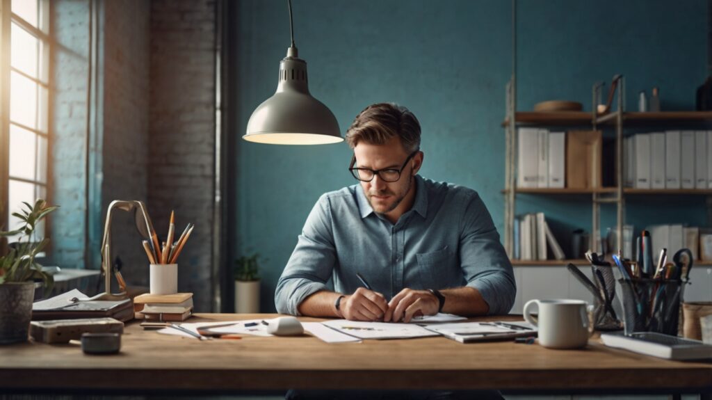 Man in glasses working at a wooden desk.